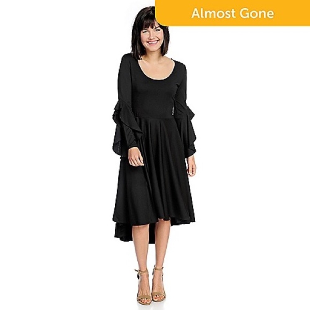 Marc Bouwer stretch knit long ruffle sleeve scoop neck high-low dress